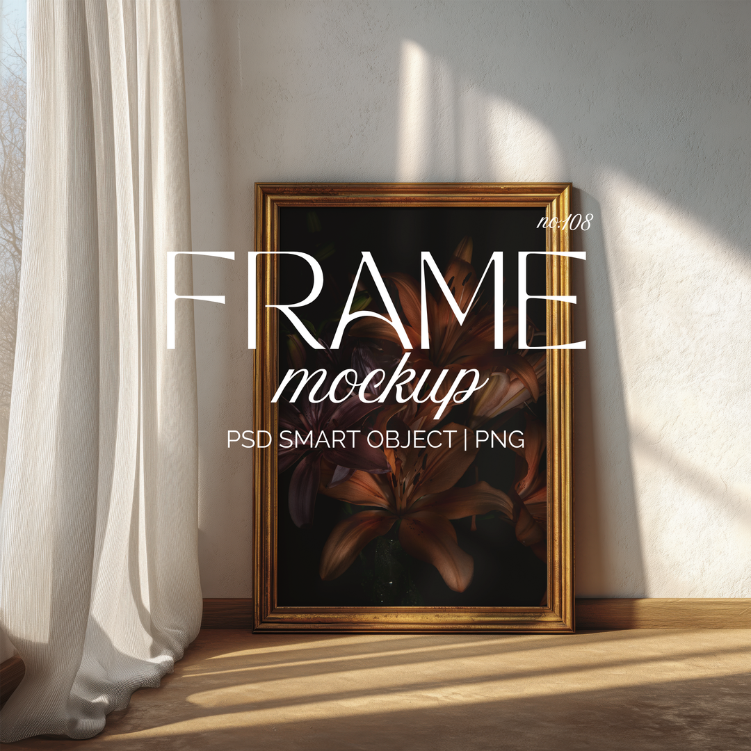 Vintage gold frame mockup leaning on a wall in warm sunlight, ideal for displaying artwork or poster designs.