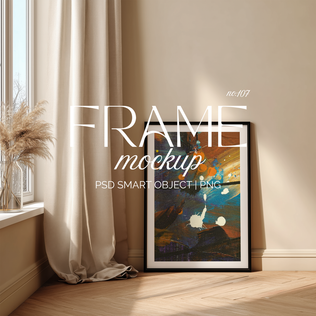 Frame mockup leaning on a wall near a window with warm natural light, perfect for displaying poster or artwork designs.
