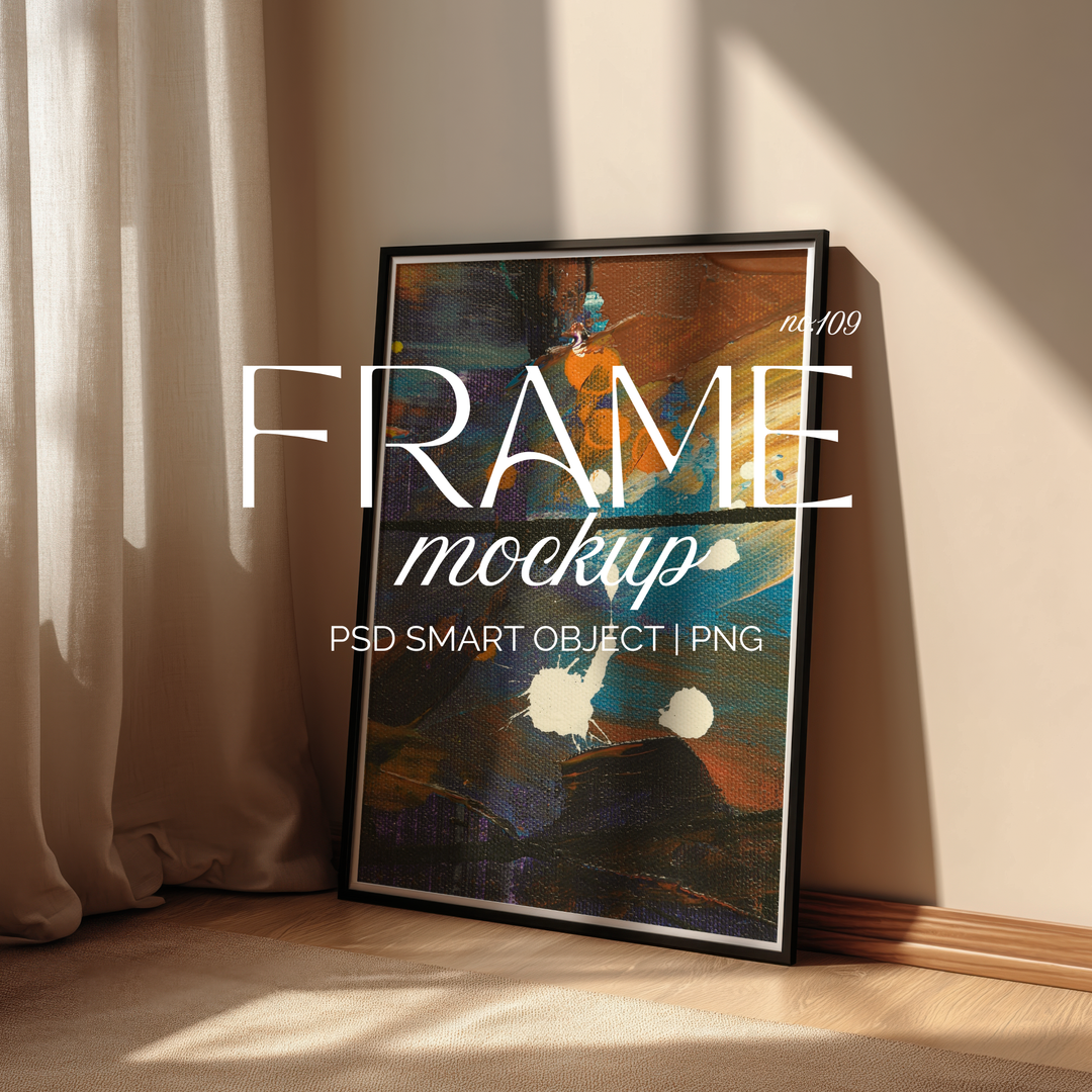 Frame mockup leaning on a sunlit wall beside soft curtains, perfect for displaying artwork or poster designs.