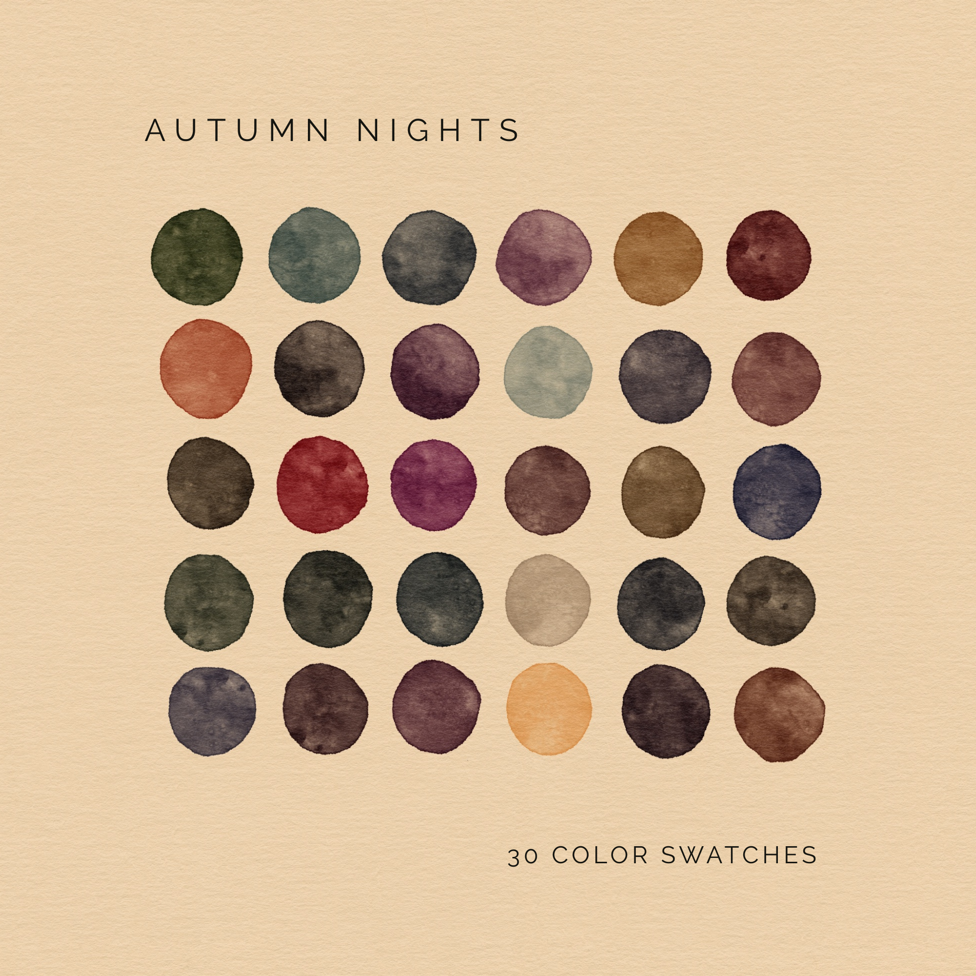 Autumn Nights digital color palette with 30 deep fall-inspired swatches in greens, purples, browns, and blues.