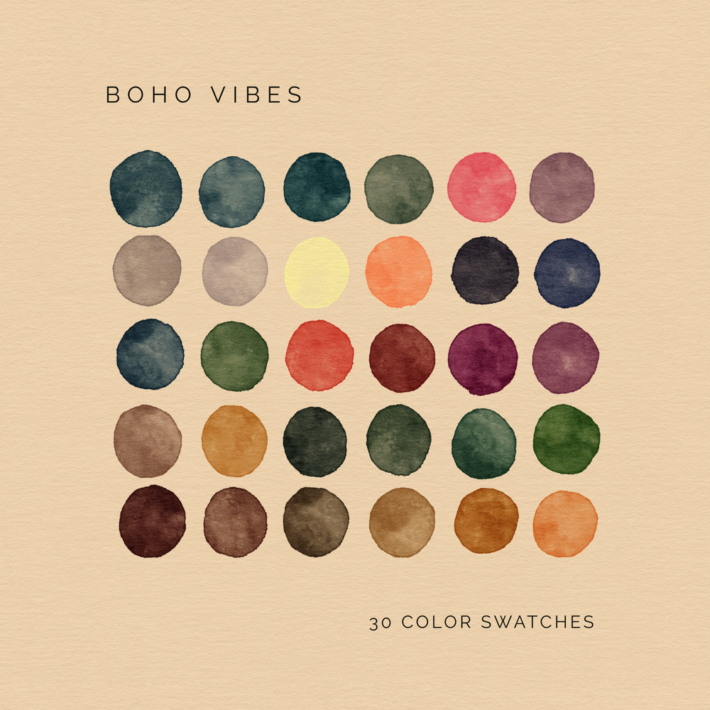 Boho Vibes digital color palette with 30 swatches in earthy, warm, and vibrant tones.