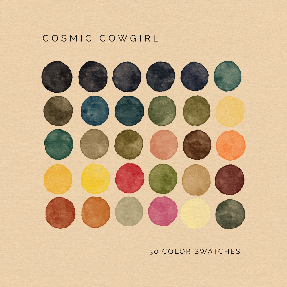 Cosmic Cowgirl digital color palette with 30 earthy and celestial-inspired tones.