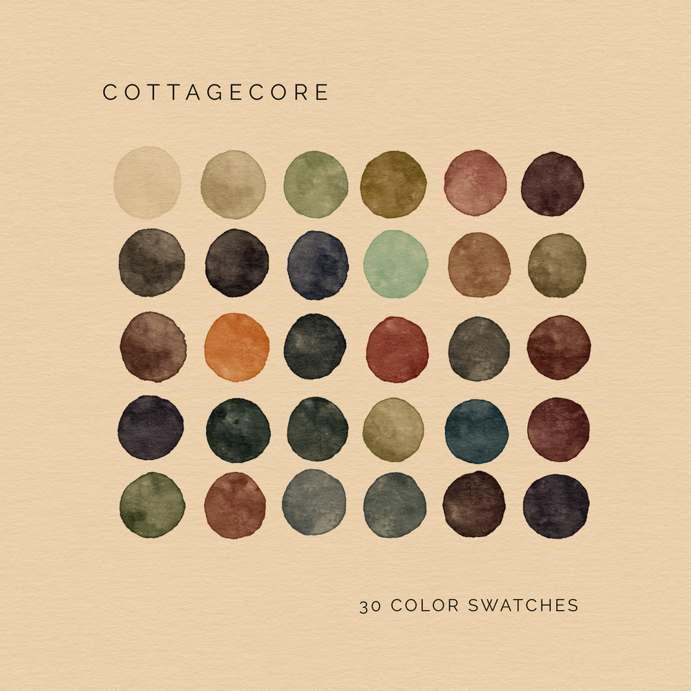 Cottagecore digital color palette featuring 30 natural, vintage-inspired swatches.