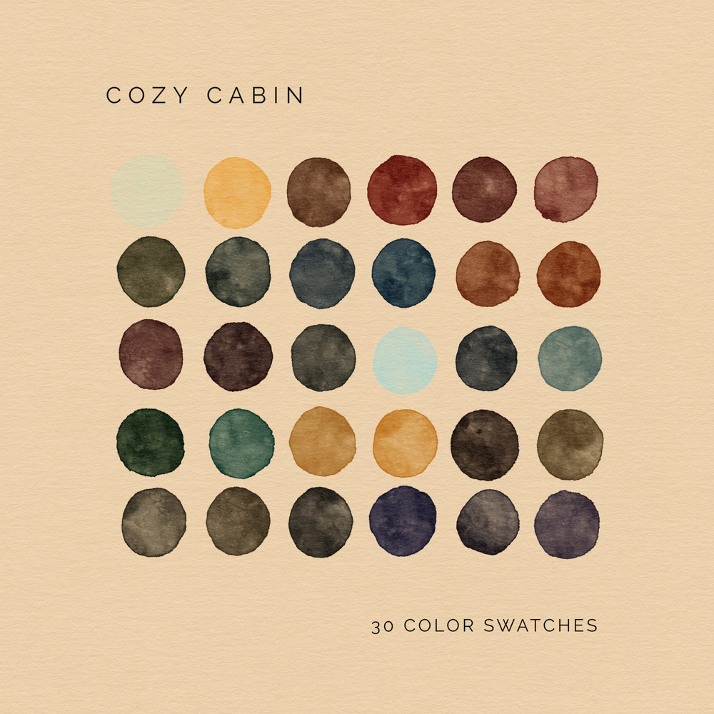 Cozy Cabin digital color palette with 30 warm, forest-inspired tones.