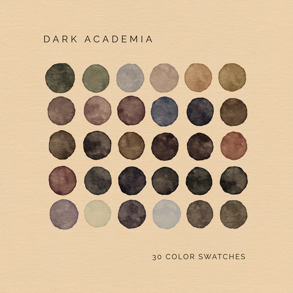 Dark Academia digital color palette with 30 muted scholarly tones.