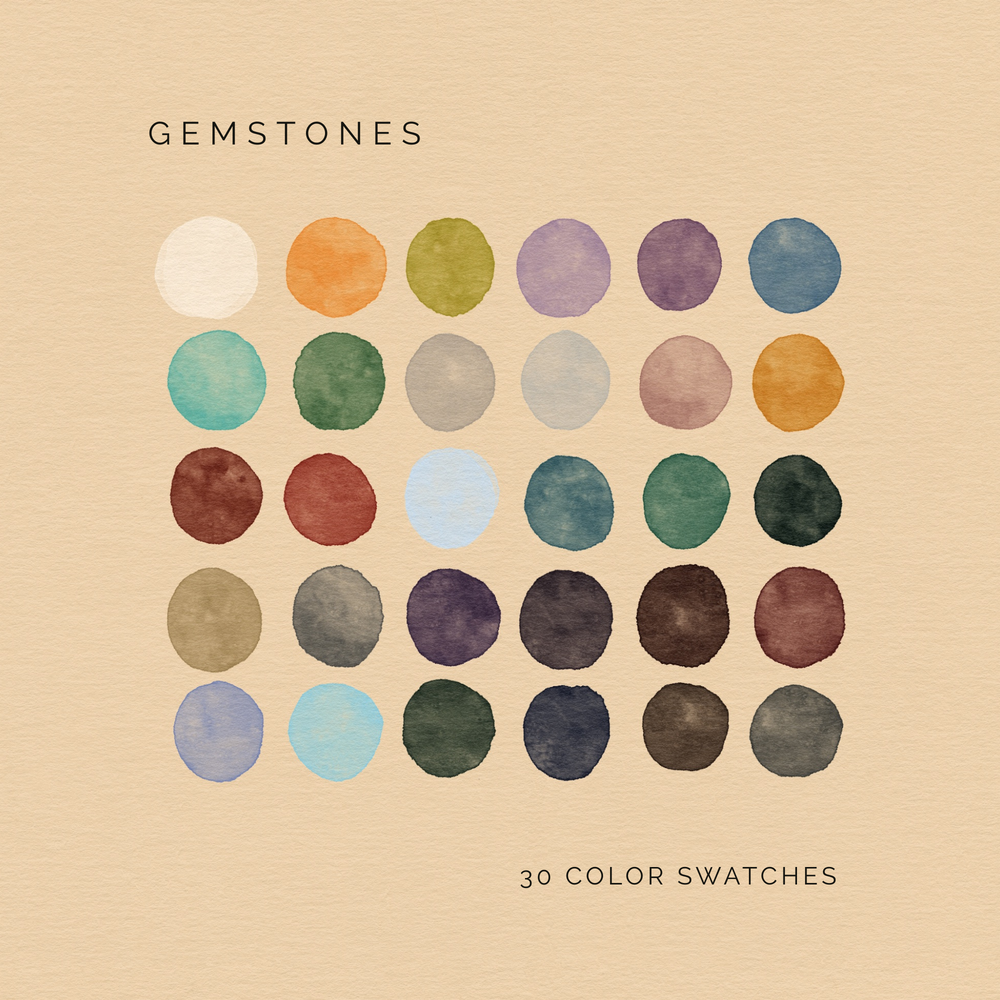 Gemstones digital color palette with 30 vibrant jewel-toned swatches.