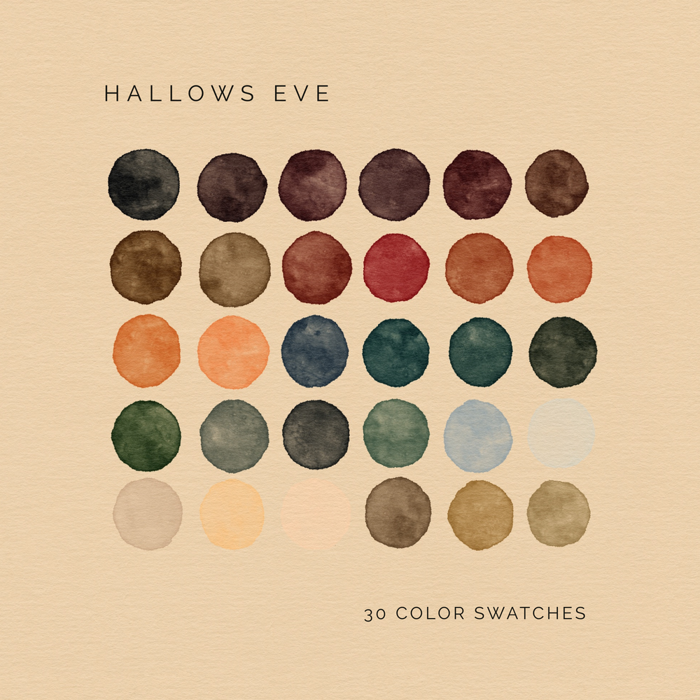 Hallows Eve digital color palette featuring 30 spooky fall-inspired tones.