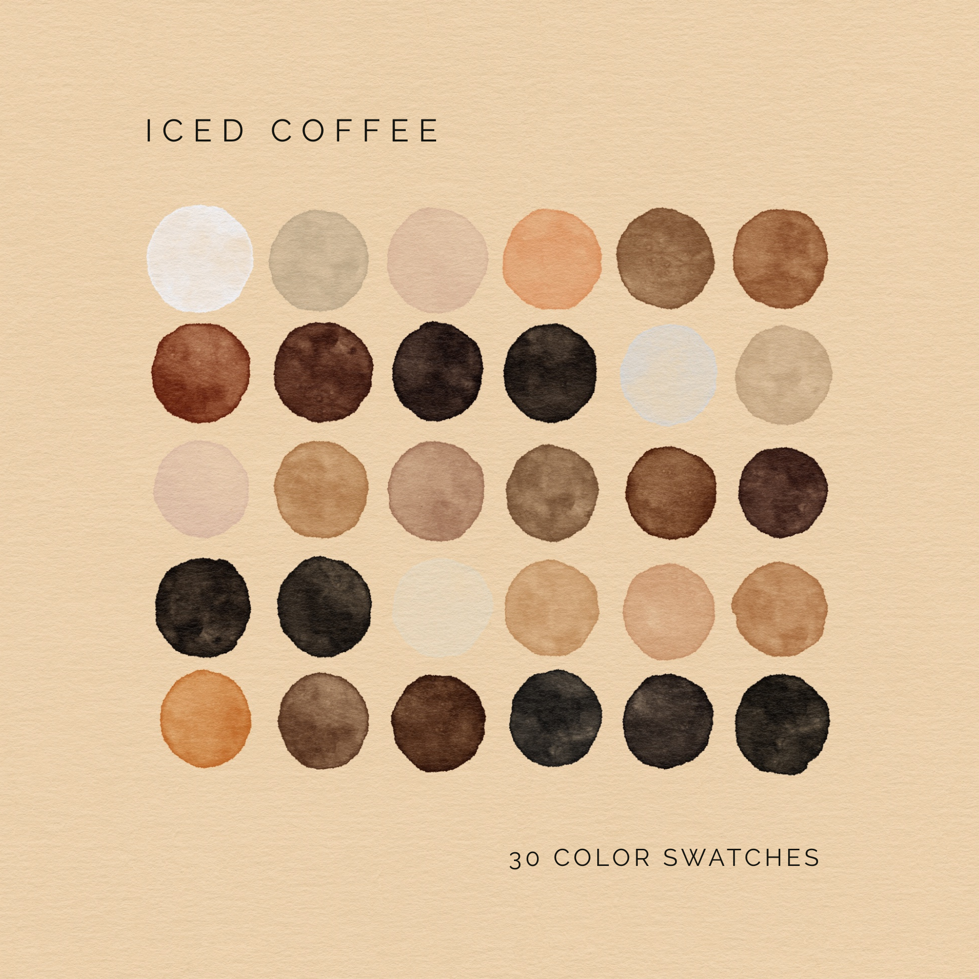 Iced Coffee digital color palette with 30 warm neutral brown and cream swatches.