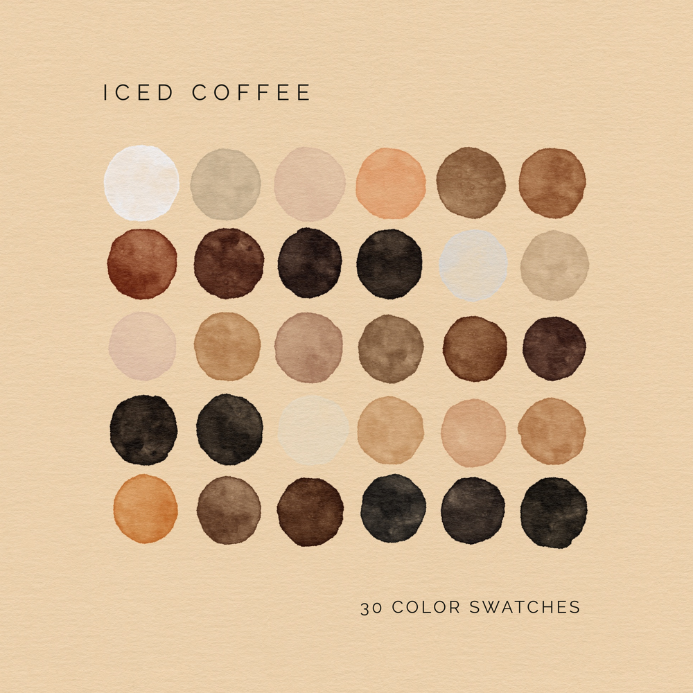 Iced Coffee digital color palette with 30 warm neutral brown and cream swatches.
