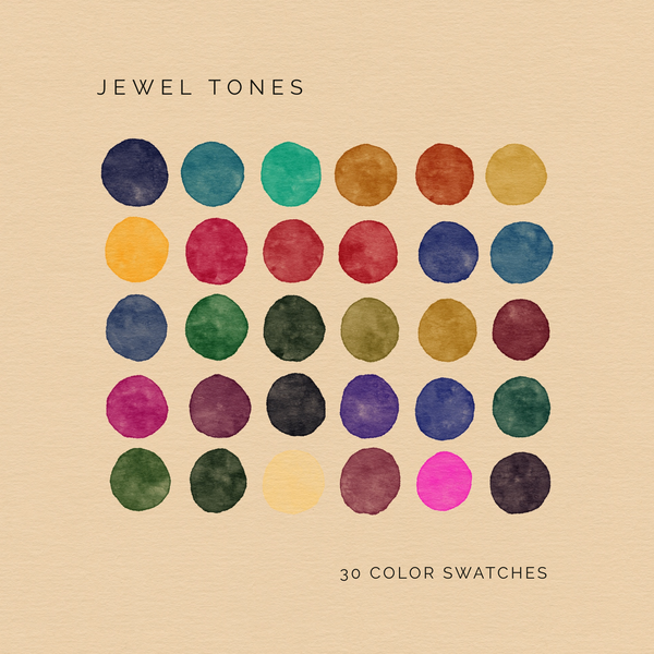 Jewel Tones digital color palette with 30 bold, saturated swatches in blues, greens, reds, and golds.