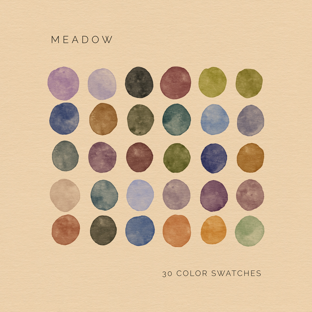 Meadow digital color palette featuring 30 soft, nature-inspired swatches in greens, purples, browns, and blues.