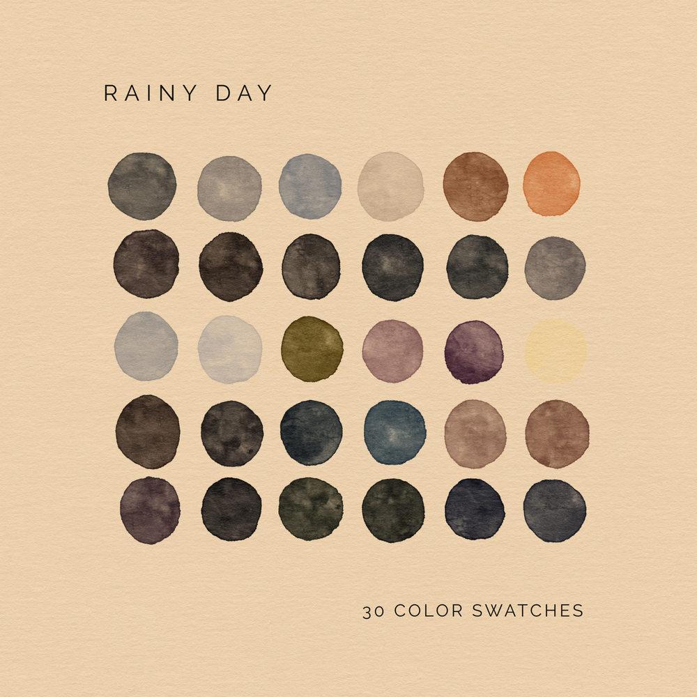 Rainy Day digital color palette with 30 muted cool-toned grays, blues, and earthy neutrals.