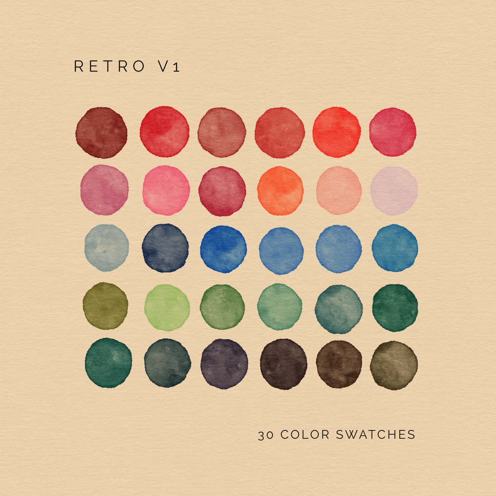 Retro V1 digital color palette featuring 30 bright vintage-inspired swatches in reds, blues, greens, and neutrals.