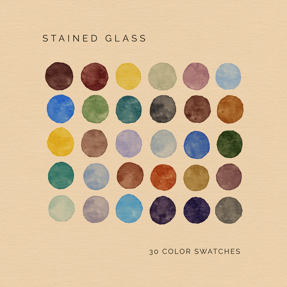 Stained Glass digital color palette with 30 bright and moody color swatches inspired by stained glass tones.