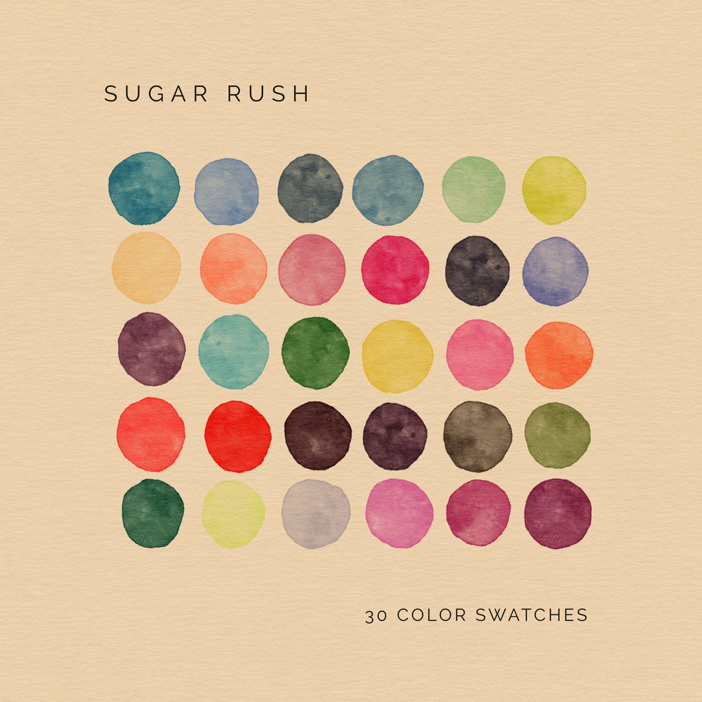 Sugar Rush digital color palette with 30 vibrant candy-inspired swatches in pinks, greens, yellows, and blues.