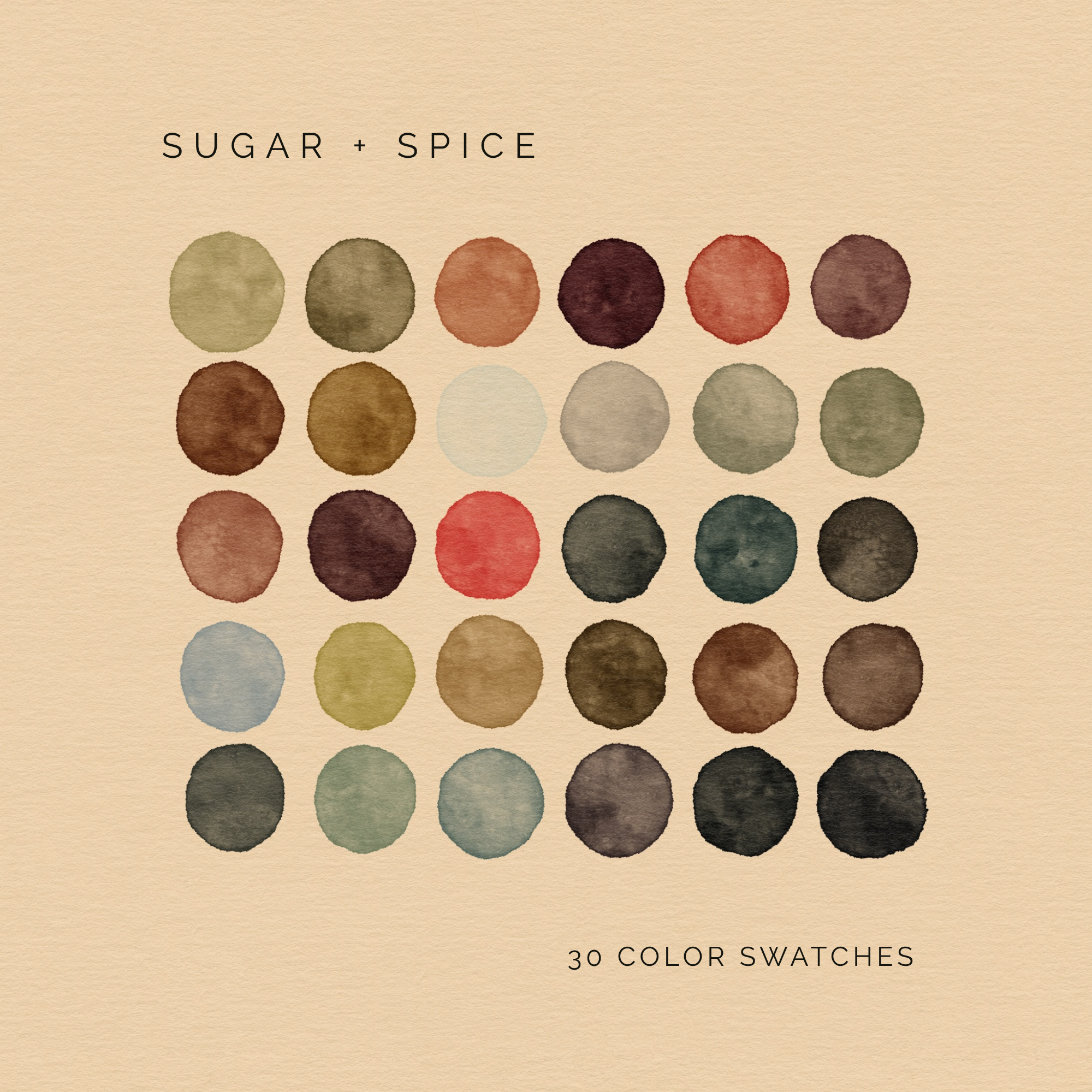 Sugar + Spice digital color palette featuring 30 warm earthy swatches in reds, browns, greens, and neutrals.
