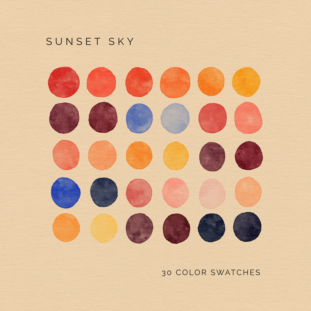 Sunset Sky digital color palette with 30 warm sunset swatches in oranges, pinks, blues, and golds.