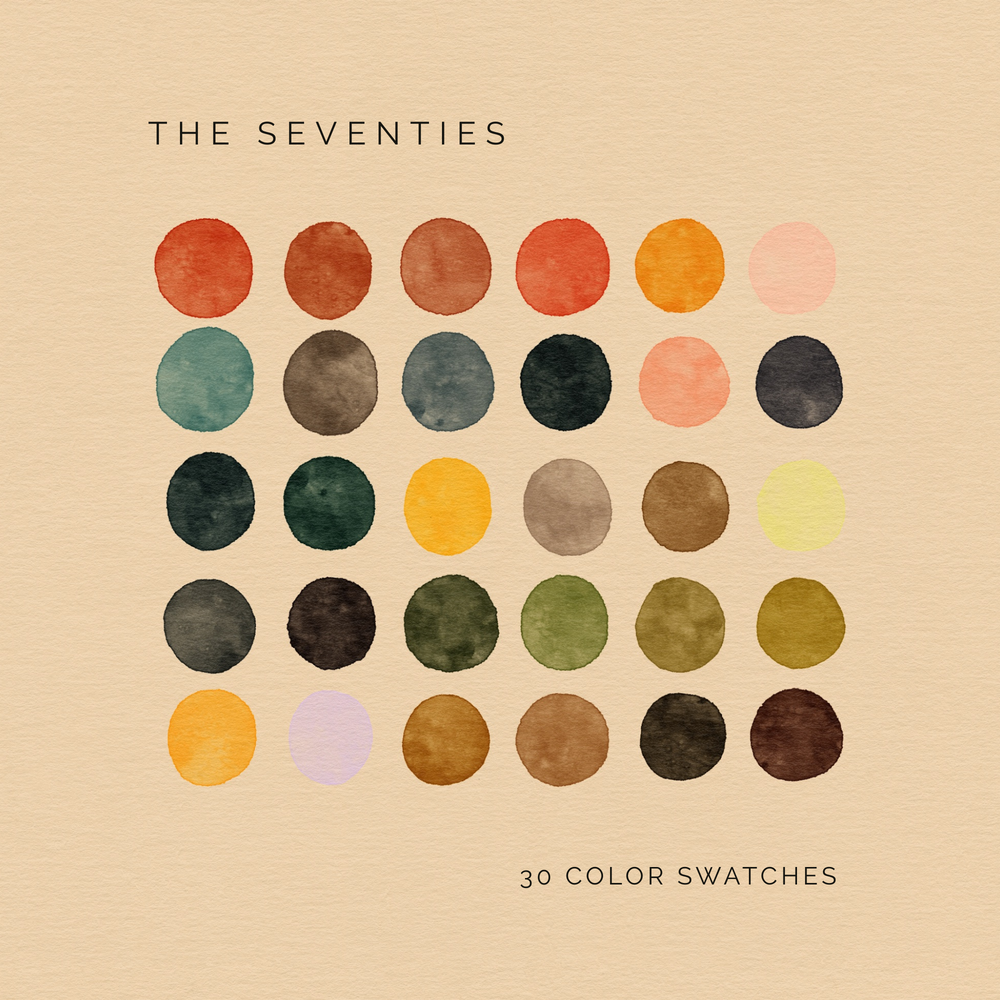 The Seventies digital color palette with 30 retro earthy tones in oranges, greens, browns, and golds.